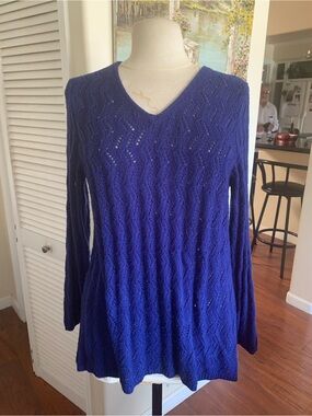 Cozy V-Neck Textured open weave lightweight Knit Sweater - Deep Blue